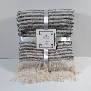 01400 Royal Standard Luxe Fringe Throw in Cream & Gray NWT